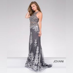 Jovani Charcoal and Silver Embellished Prom Dress